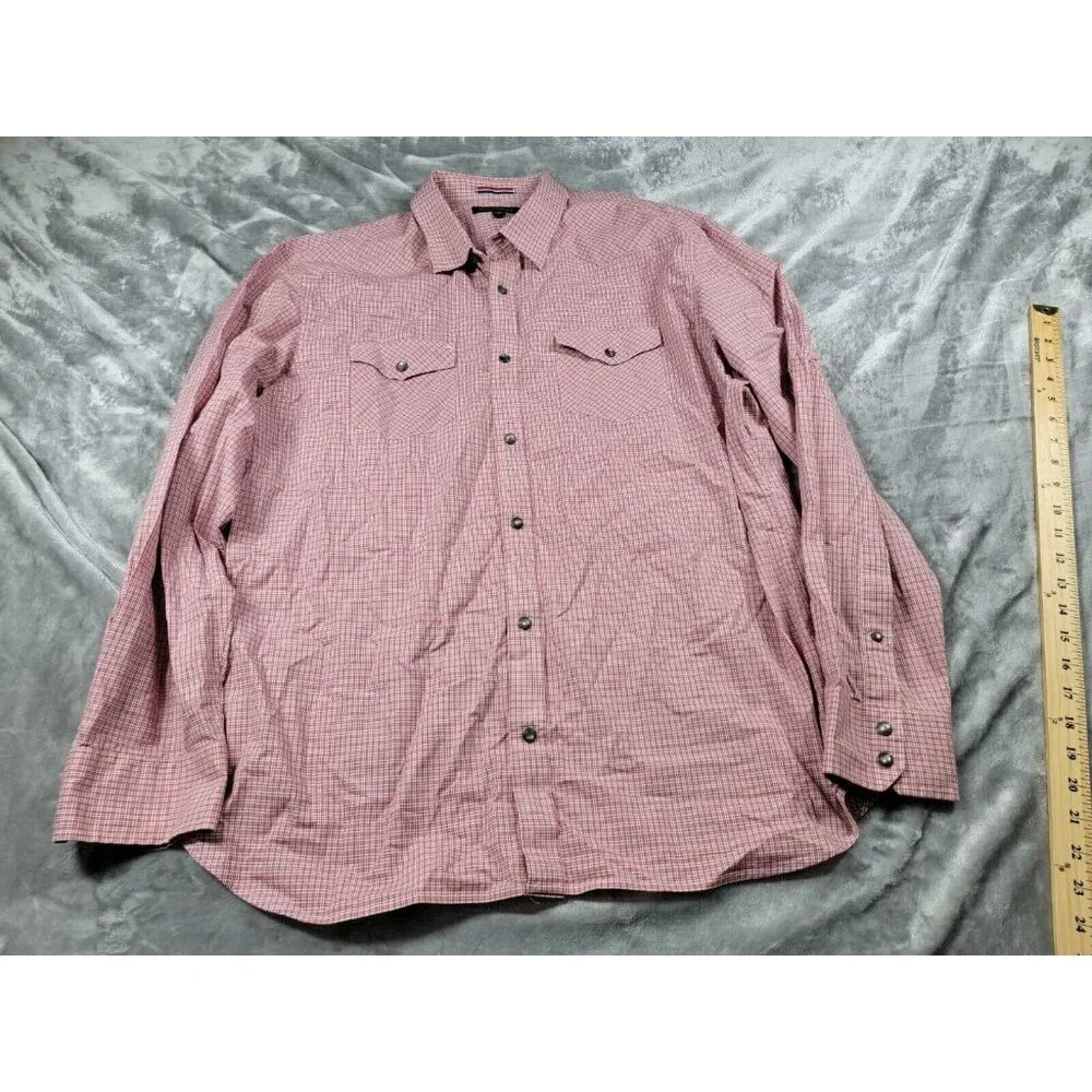 Banana Republic Shirt Men XL Pearl Snap Western Long Sleeve red blue micro plaid